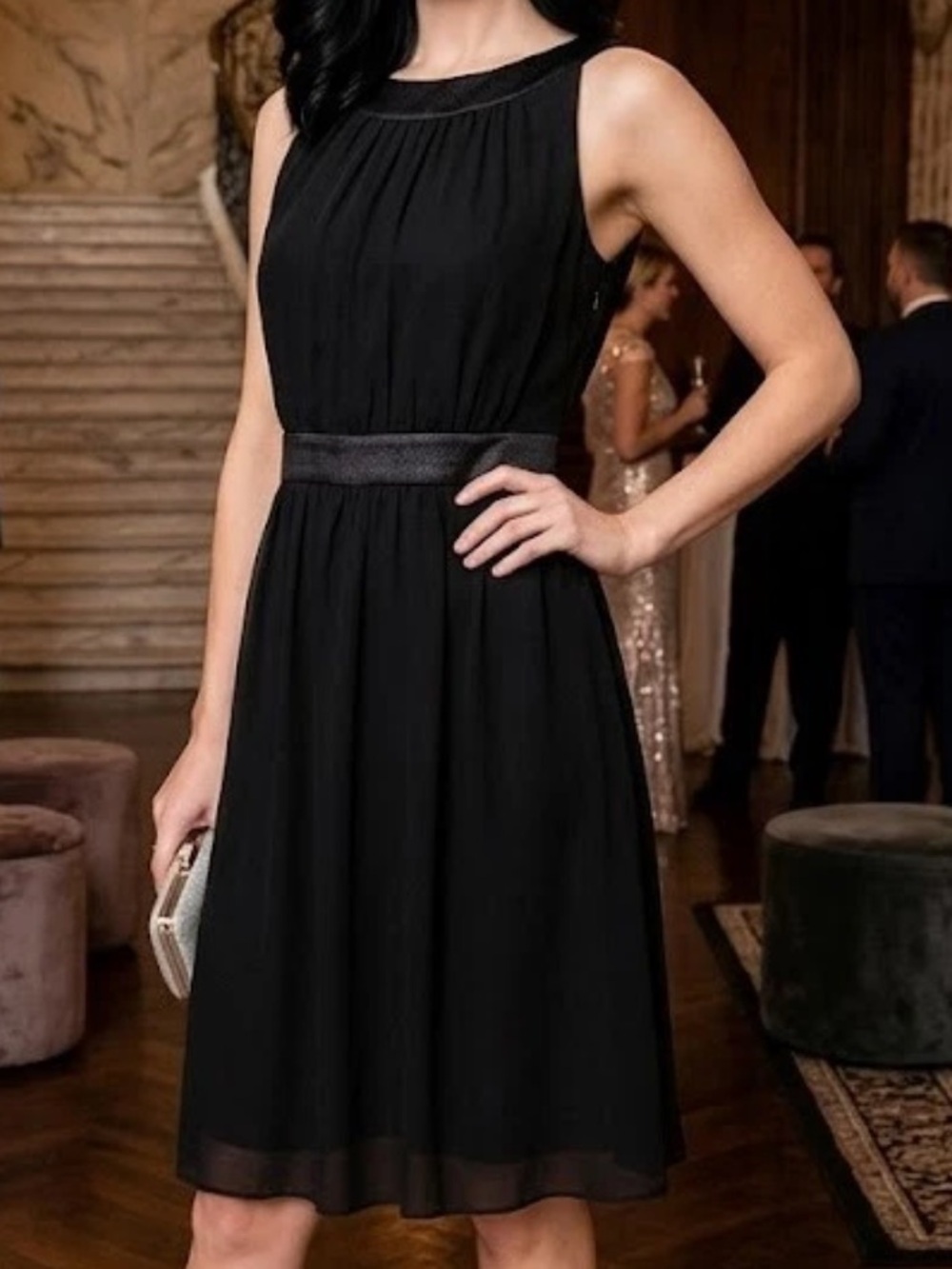 White House Black Market Halter Neck Faux Leather Trim Chiffon Dress Black NWT 4
